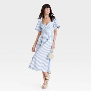 a new day Light Blue & White Striped V-Neck Midi Dress